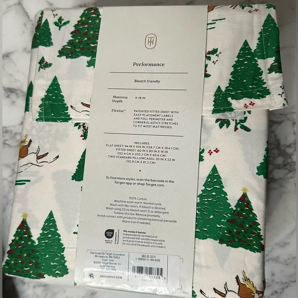 New Threshold Queen Sheet Set Holiday Christmas Tree Winter Scene 400 Thread